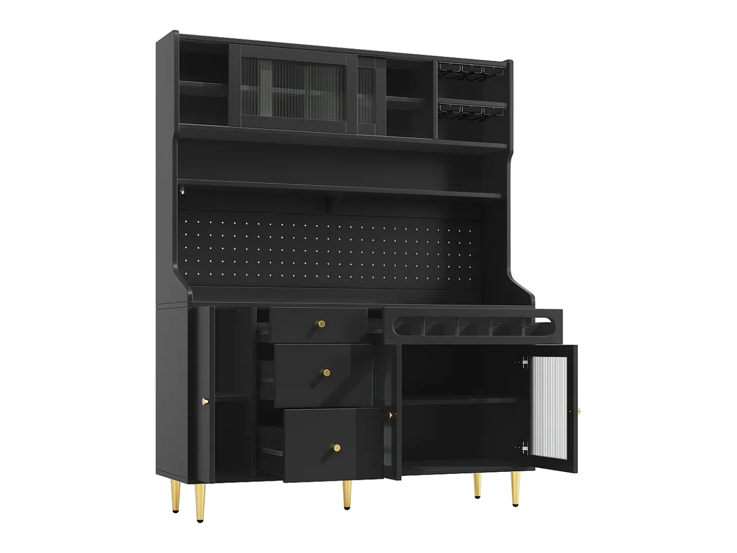 Aparador de cocina con iluminación LED, 4 puertas, 3 cajones y botellero - Negro