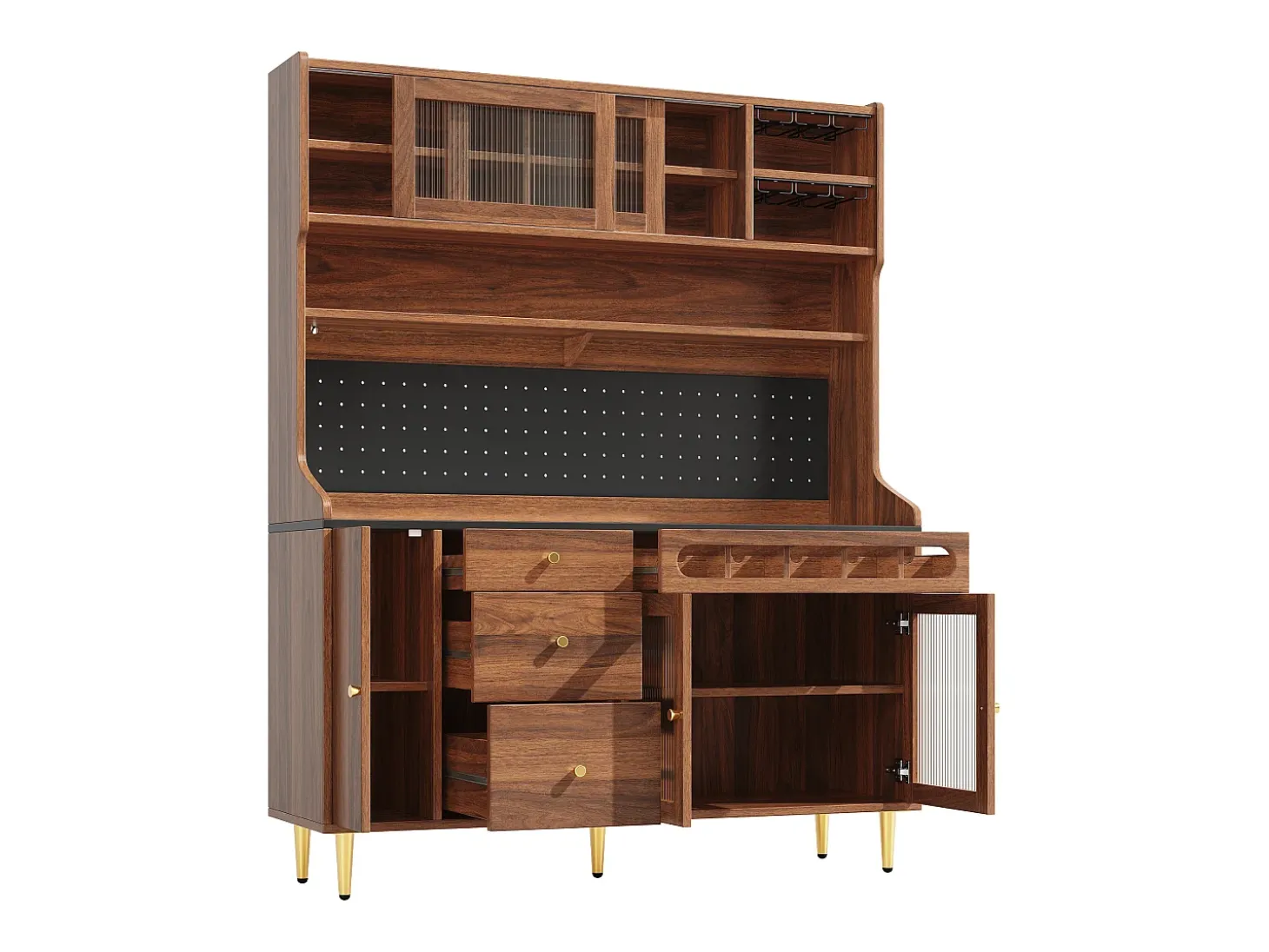 Aparador de cocina con iluminación LED, 4 puertas, 3 cajones y botellero - Color nogal
