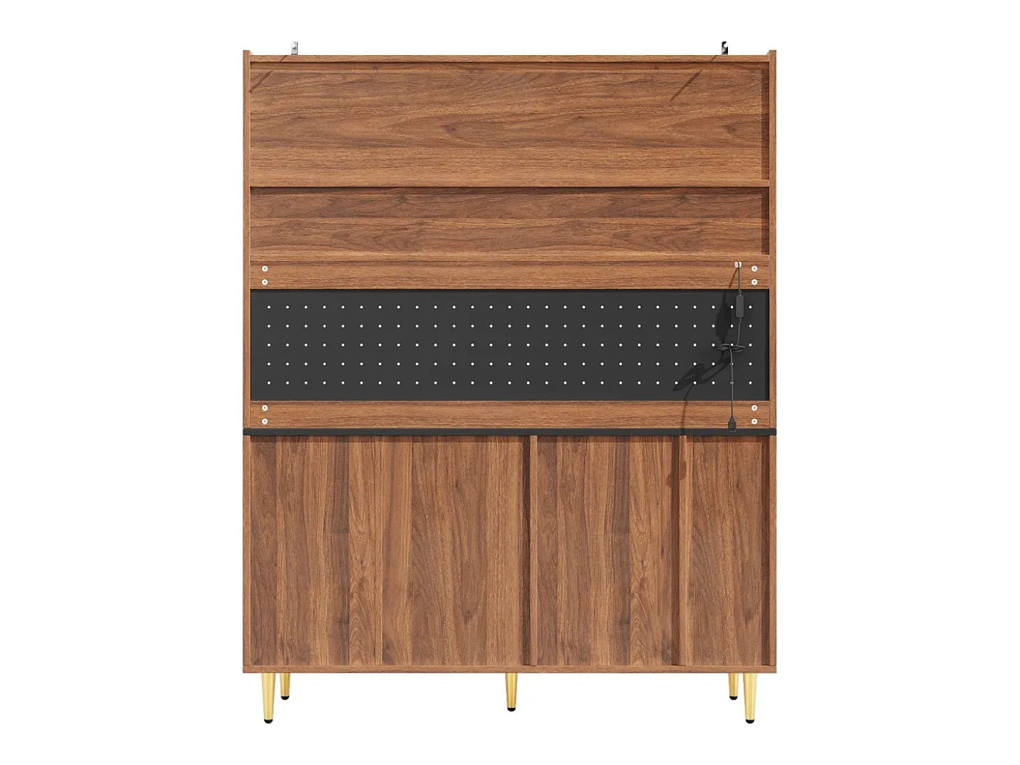 Aparador de cocina con iluminación LED, 4 puertas, 3 cajones y botellero - Color nogal