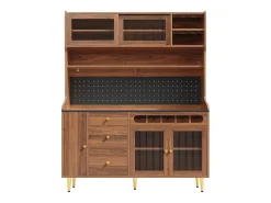 Aparador de cocina con iluminación LED, 4 puertas, 3 cajones y botellero - Color nogal