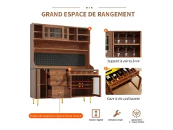 Aparador de cocina con iluminación LED, 4 puertas, 3 cajones y botellero - Color nogal
