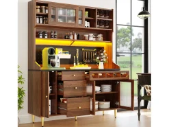 Aparador de cocina con iluminación LED, 4 puertas, 3 cajones y botellero - Color nogal