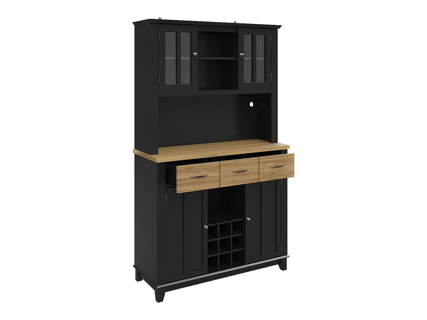 Aparador de cocina con iluminación LED, 3 cajones y 4 puertas - estantes regulables - Negro y madera