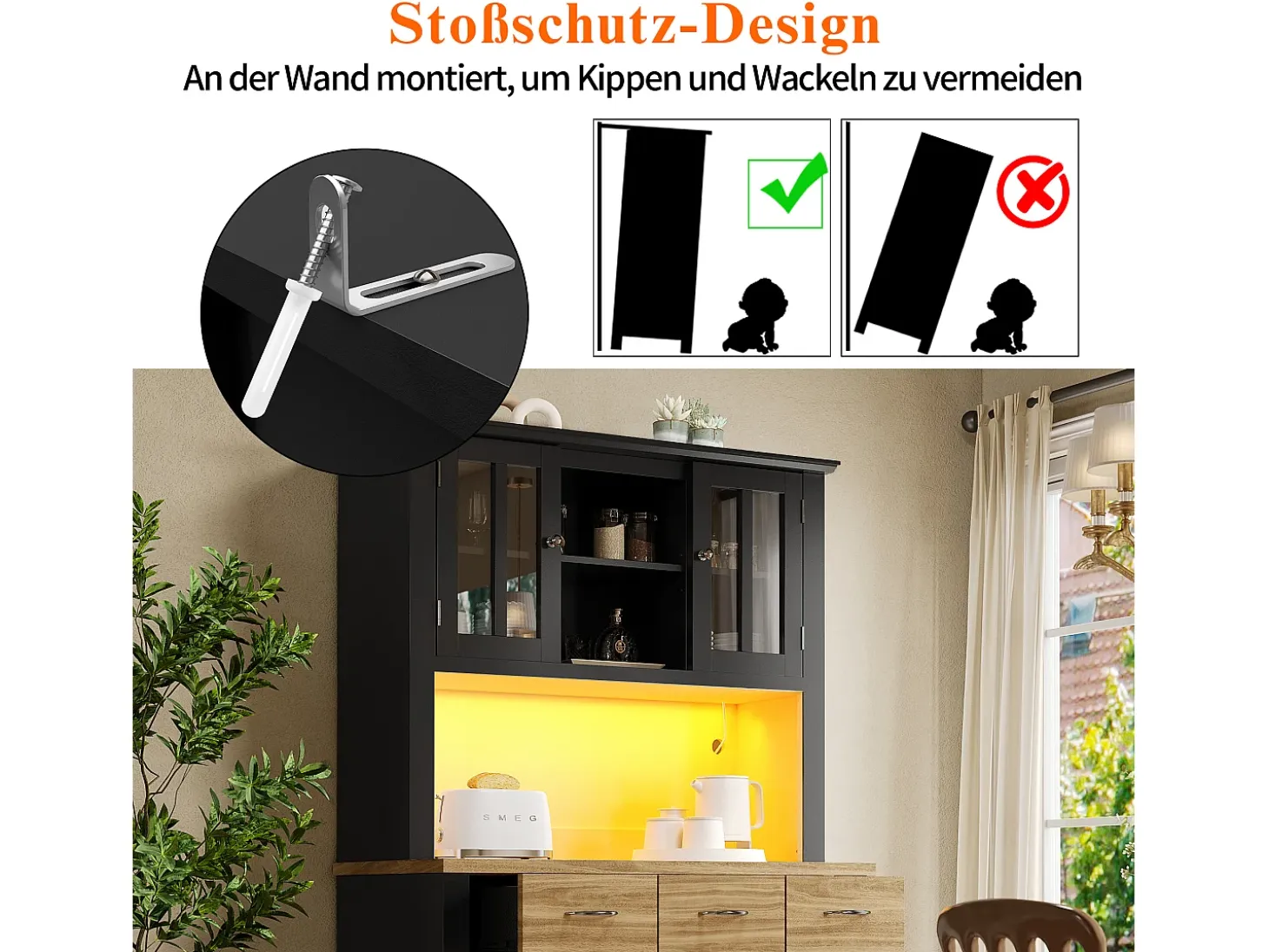 Aparador de cocina con iluminación LED, 3 cajones y 4 puertas - estantes regulables - Negro y madera