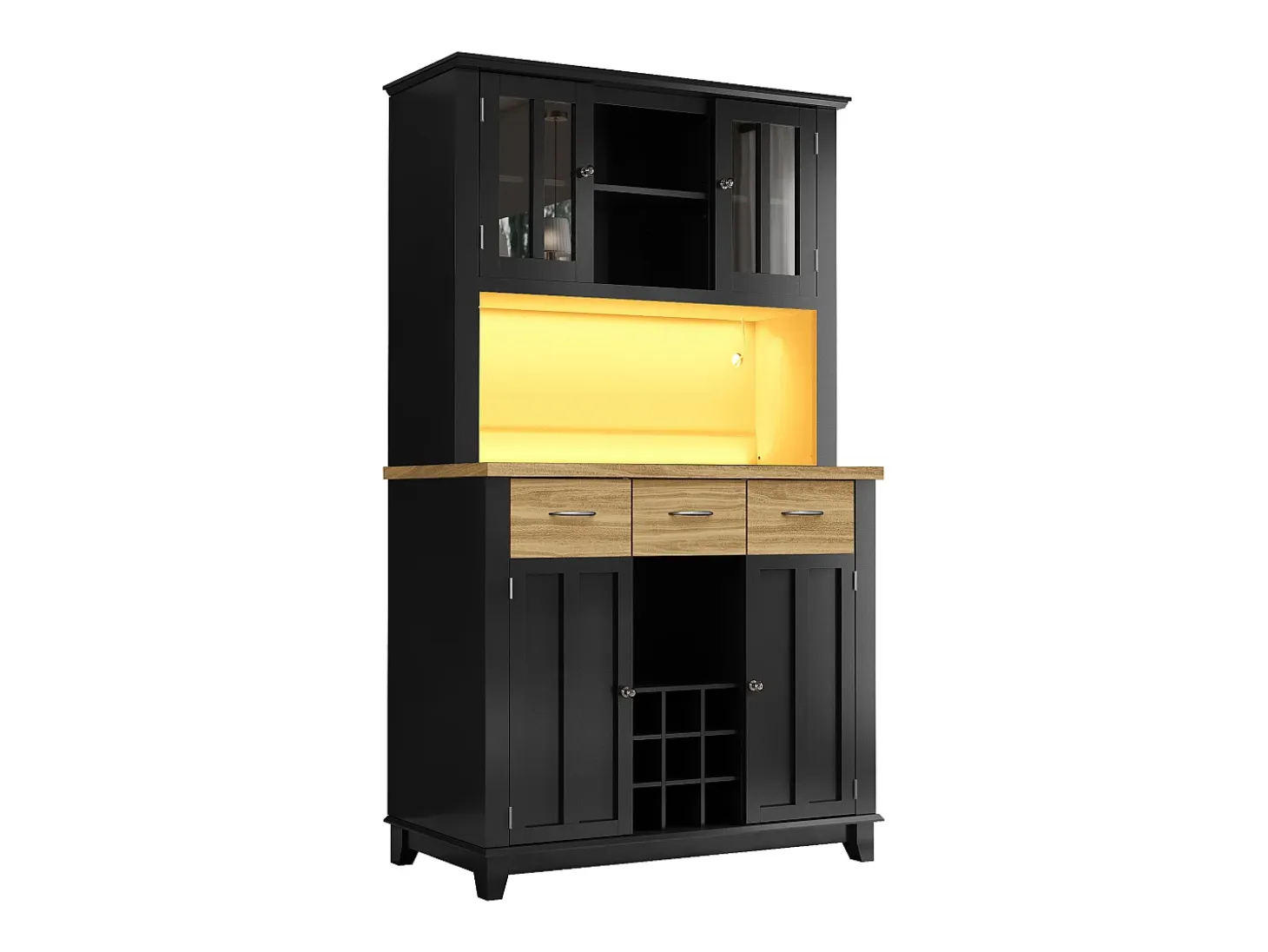 Aparador de cocina con iluminación LED, 3 cajones y 4 puertas - estantes regulables - Negro y madera