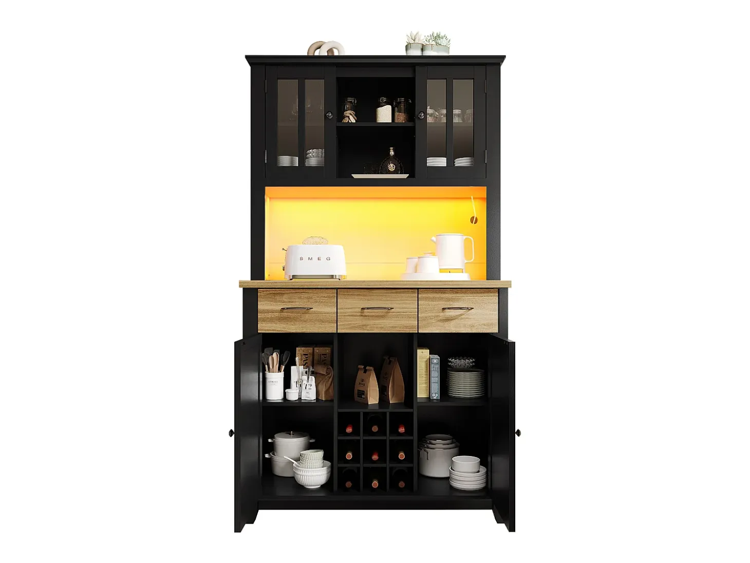 Aparador de cocina con iluminación LED, 3 cajones y 4 puertas - estantes regulables - Negro y madera