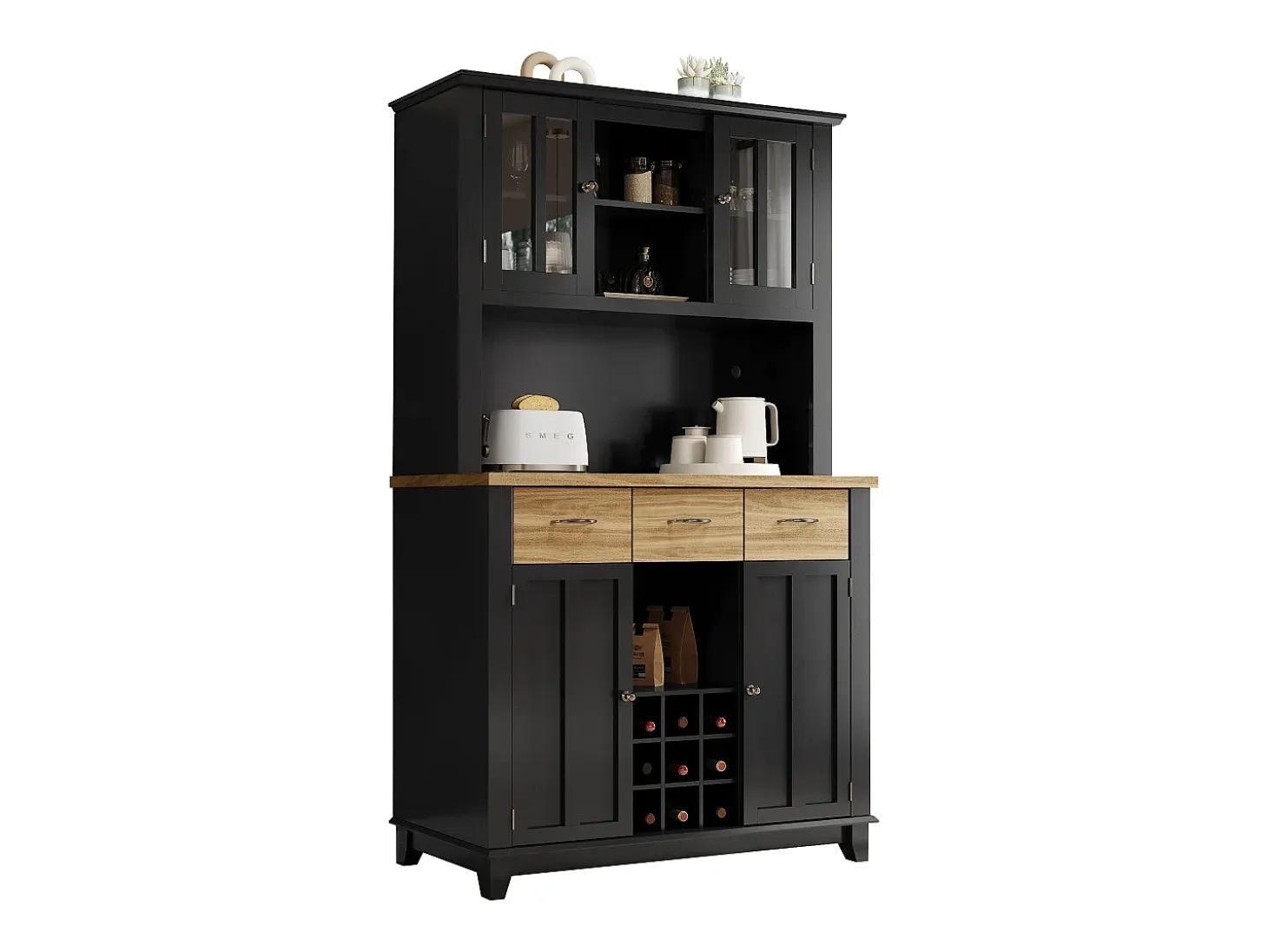 Aparador de cocina con iluminación LED, 3 cajones y 4 puertas - estantes regulables - Negro y madera