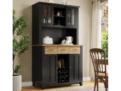 Aparador de cocina con iluminación LED, 3 cajones y 4 puertas - estantes regulables - Negro y madera