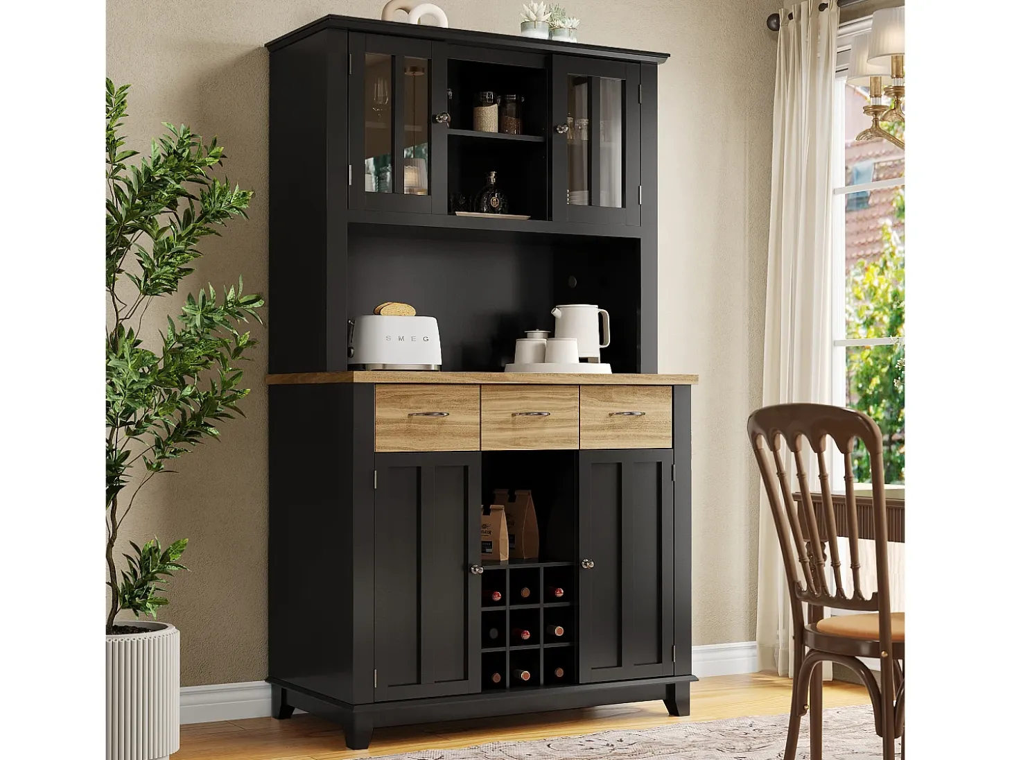 Aparador de cocina con iluminación LED, 3 cajones y 4 puertas - estantes regulables - Negro y madera