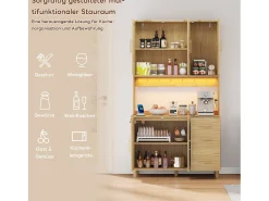 Aparador de cocina con LED - 100 x 40 x 183 cm - con USB + enchufes + estantes regulables + 3 cajones - MDF - natural