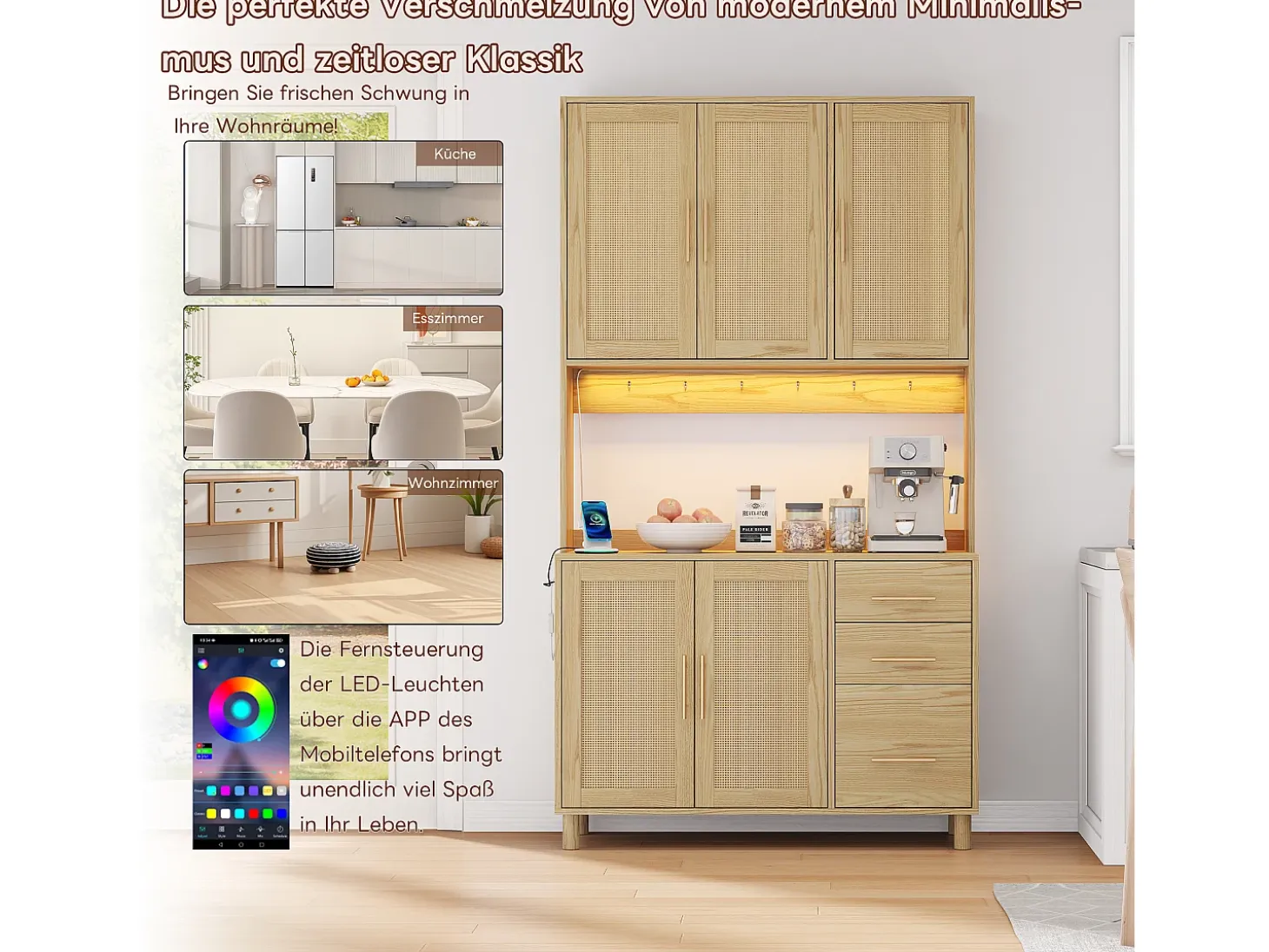 Aparador de cocina con LED - 100 x 40 x 183 cm - con USB + enchufes + estantes regulables + 3 cajones - MDF - natural
