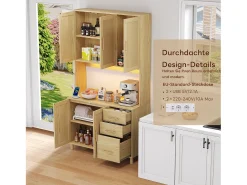 Aparador de cocina con LED - 100 x 40 x 183 cm - con USB + enchufes + estantes regulables + 3 cajones - MDF - natural