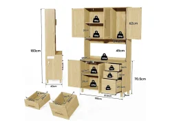 Aparador de cocina con LED - 100 x 40 x 183 cm - con USB + enchufes + estantes regulables + 3 cajones - MDF - natural