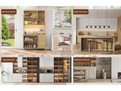 Aparador de cocina con LED - 100 x 40 x 183 cm - con USB + enchufes + estantes regulables + 3 cajones - MDF - natural