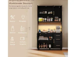 Aparador de cocina con LED - 100 x 40 x 183 cm - con USB + enchufes + estantes regulables + 3 cajones - MDF - negro