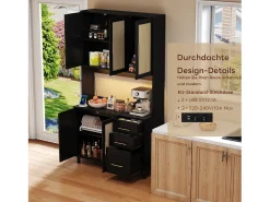 Aparador de cocina con LED - 100 x 40 x 183 cm - con USB + enchufes + estantes regulables + 3 cajones - MDF - negro