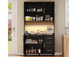 Aparador de cocina con LED - 100 x 40 x 183 cm - con USB + enchufes + estantes regulables + 3 cajones - MDF - negro