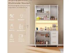 Aparador de cocina con LED - 100 x 40 x 183 cm - con USB + enchufes + estantes regulables + 3 cajones - MDF - blanco