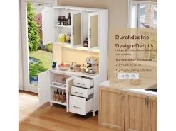 Aparador de cocina con LED - 100 x 40 x 183 cm - con USB + enchufes + estantes regulables + 3 cajones - MDF - blanco