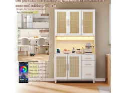 Aparador de cocina con LED - 100 x 40 x 183 cm - con USB + enchufes + estantes regulables + 3 cajones - MDF - blanco