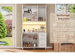 Aparador de cocina con LED - 100 x 40 x 183 cm - con USB + enchufes + estantes regulables + 3 cajones - MDF - blanco