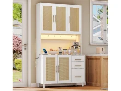 Aparador de cocina con LED - 100 x 40 x 183 cm - con USB + enchufes + estantes regulables + 3 cajones - MDF - blanco