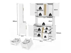 Aparador de cocina con LED - 100 x 40 x 183 cm - con USB + enchufes + estantes regulables + 3 cajones - MDF - blanco