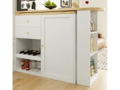 Aparador de cocina con tablero giratorio 360°, 2 cajones, 1 puerta y 2 nichos, blanco - 204x39x104cm