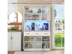 Aparador de cocina de 182 cm con iluminación LED y enchufe, blanco, puertas de tela, tiradores de madera maciza