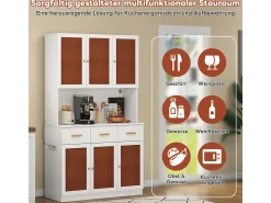 Aparador de cocina de 182 cm con iluminación LED y enchufe, blanco, puertas de tela, tiradores de madera maciza