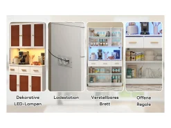 Aparador de cocina de 182 cm con iluminación LED y enchufe, blanco, puertas de tela, tiradores de madera maciza