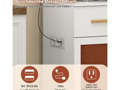 Aparador de cocina de 182 cm con iluminación LED y enchufe, blanco, puertas de tela, tiradores de madera maciza