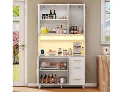 Aparador de cocina de 183 cm con luces LED, puertos USB, estantes ajustables y 3 cajones - blanco