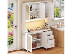Aparador de cocina de 183 cm con luces LED, puertos USB, estantes ajustables y 3 cajones - blanco