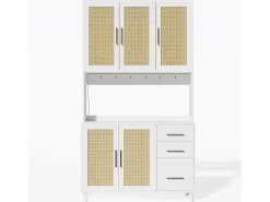 Aparador de cocina de 183 cm con luces LED, puertos USB, estantes ajustables y 3 cajones - blanco