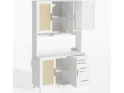 Aparador de cocina de 183 cm con luces LED, puertos USB, estantes ajustables y 3 cajones - blanco