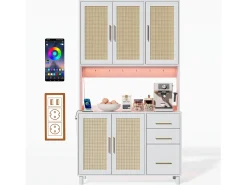 Aparador de cocina de 183 cm con luces LED, puertos USB, estantes ajustables y 3 cajones - blanco