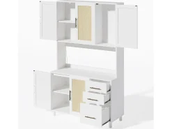Aparador de cocina de 183 cm con luces LED, puertos USB, estantes ajustables y 3 cajones - blanco