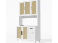 Aparador de cocina de 183 cm con luces LED, puertos USB, estantes ajustables y 3 cajones - blanco