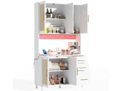 Aparador de cocina de 183 cm con luces LED, puertos USB, estantes ajustables y 3 cajones - blanco