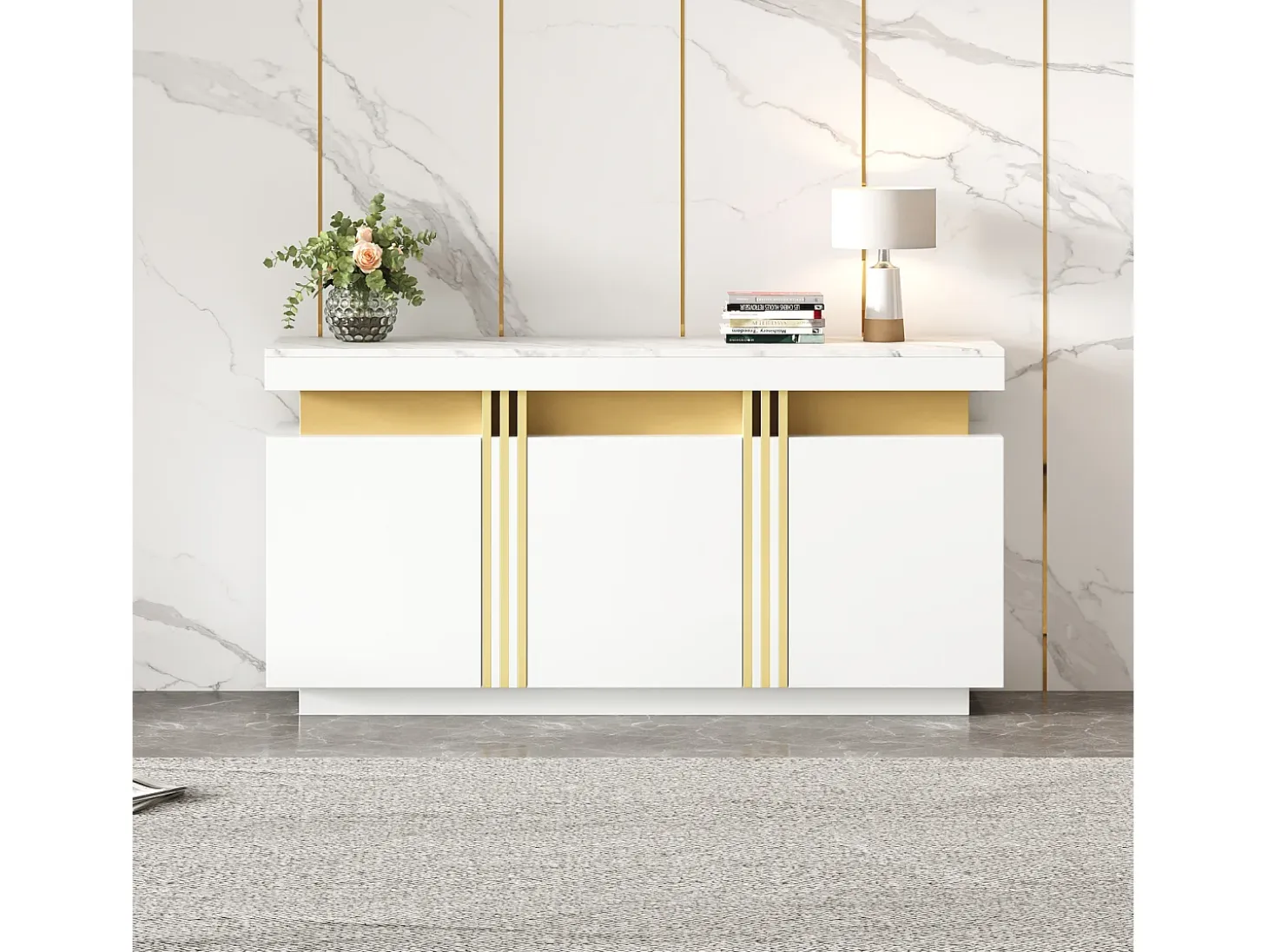 Aparador de cocina de 3 puertas con encimera efecto mármol para salón o dormitorio, blanco