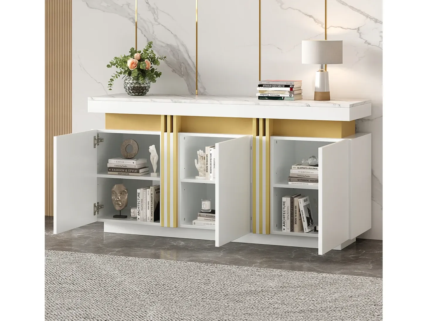 Aparador de cocina de 3 puertas con encimera efecto mármol para salón o dormitorio, blanco