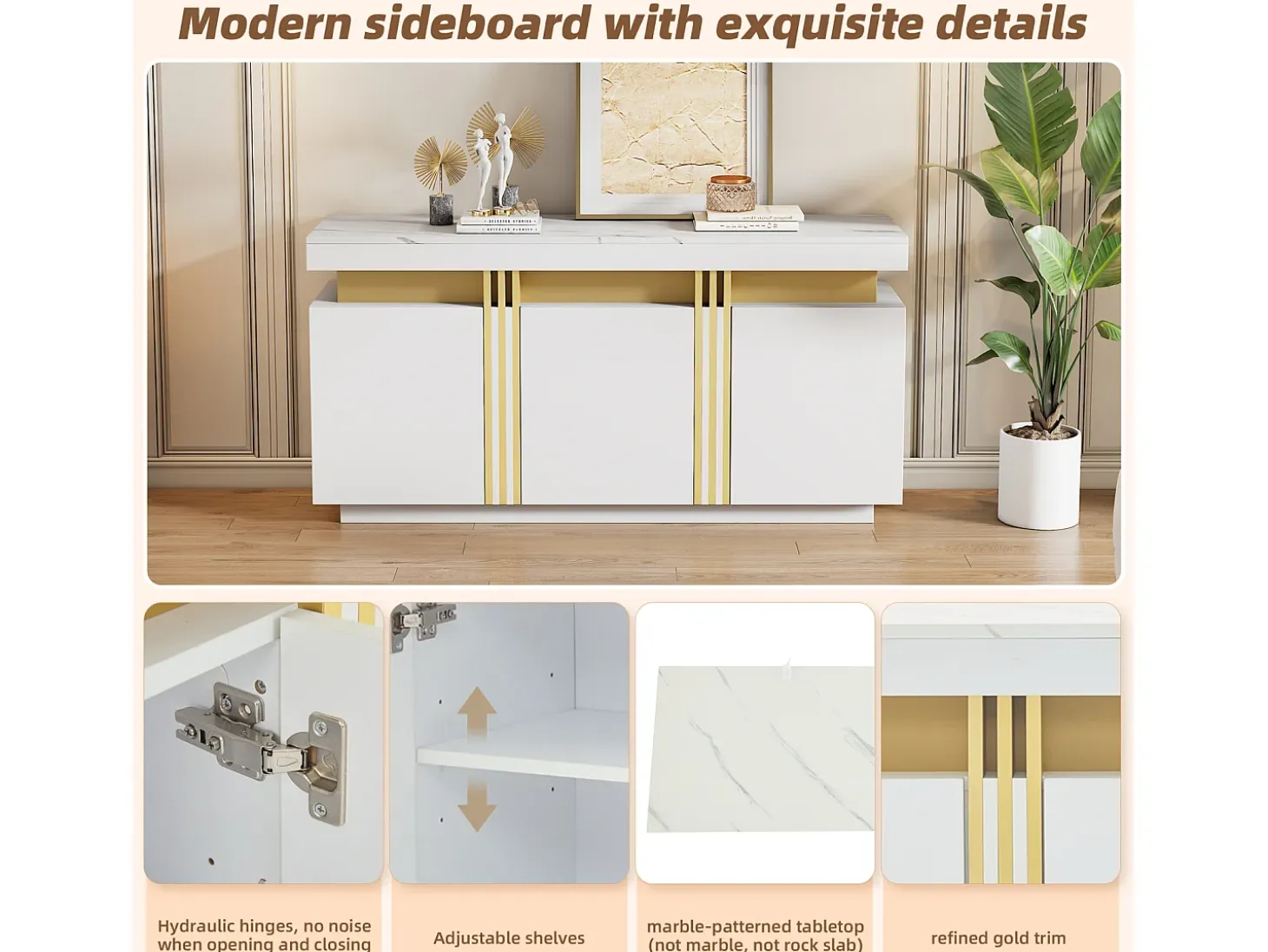 Aparador de cocina de 3 puertas con encimera efecto mármol para salón o dormitorio, blanco