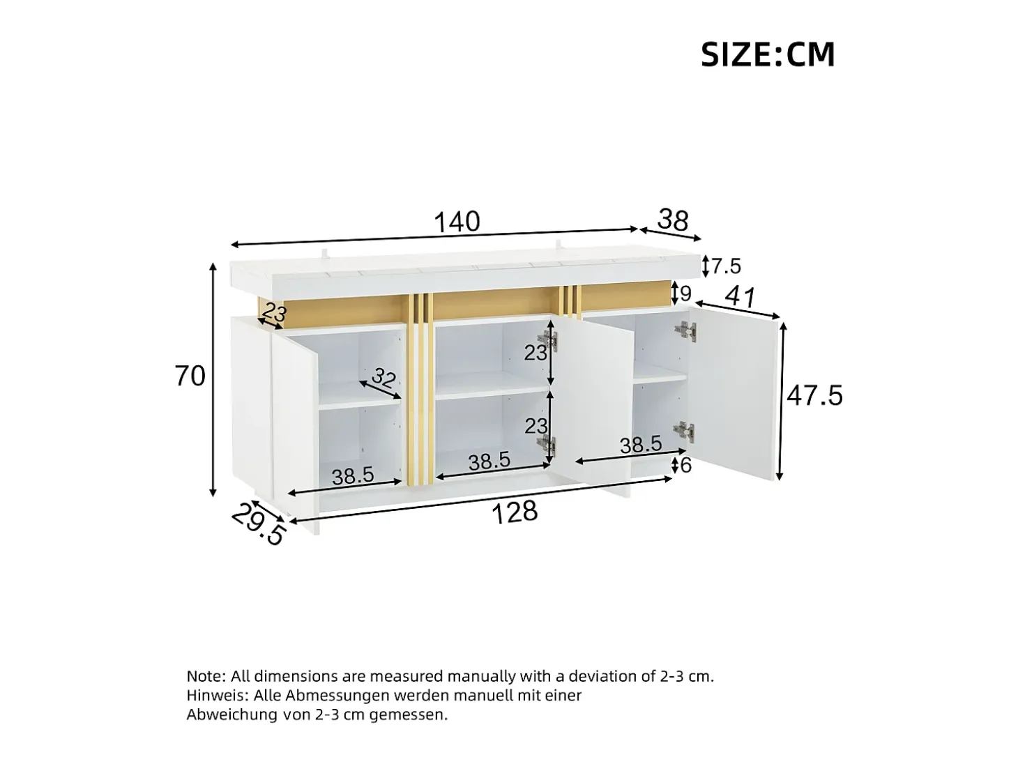 Aparador de cocina de 3 puertas con encimera efecto mármol para salón o dormitorio, blanco