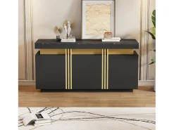 Aparador de cocina de 3 puertas con tablero efecto mármol para salón, dormitorio, color negro