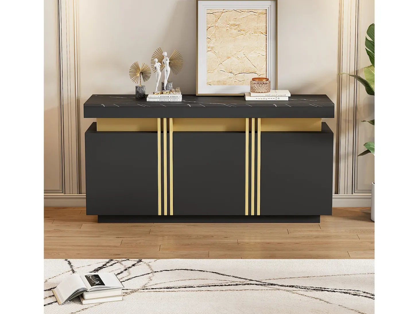 Aparador de cocina de 3 puertas con tablero efecto mármol para salón, dormitorio, color negro
