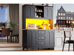Aparador de cocina de alta calidad - 120 x 40 x 180 cm - con LED + 3 cajones + 4 puertas - MDF - negro
