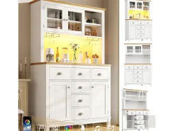 Aparador de cocina de estilo rústico - 104 x 40 x 180 cm - con puertas, LED, estantes de almacenamiento y cajones - MDF - blanco