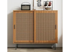 Aparador de cocina de ratán con 2 puertas correderas - con tiradores - Nogal - 100 x 37 x 90 cm