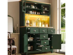 Aparador de cocina estilo rústico - 104 x 40 x 180 cm - con puertas, LED, estantes de almacenamiento y cajones - MDF - verde